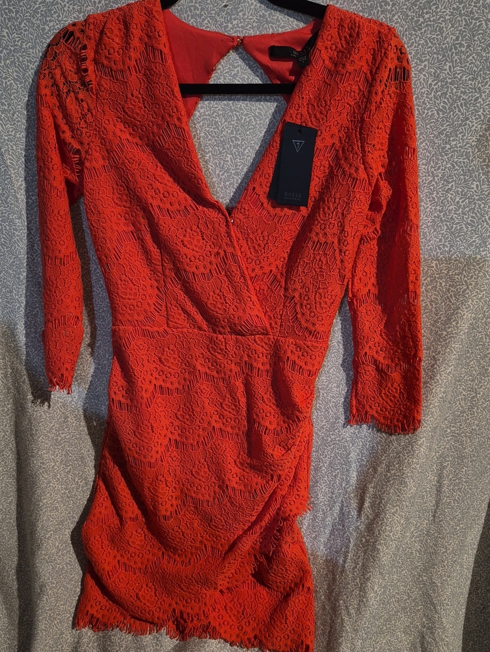 Bold Reddish Orange Lace V-Neck Bodycon Dress